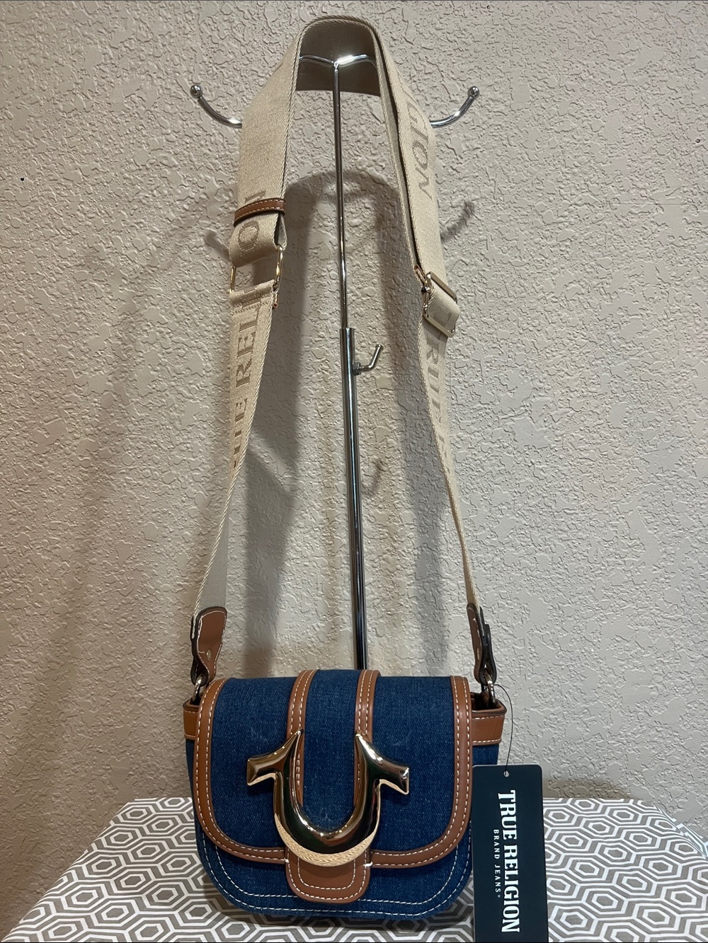 True Religion Denim and Brown Leather Crossbody with Cream Strap